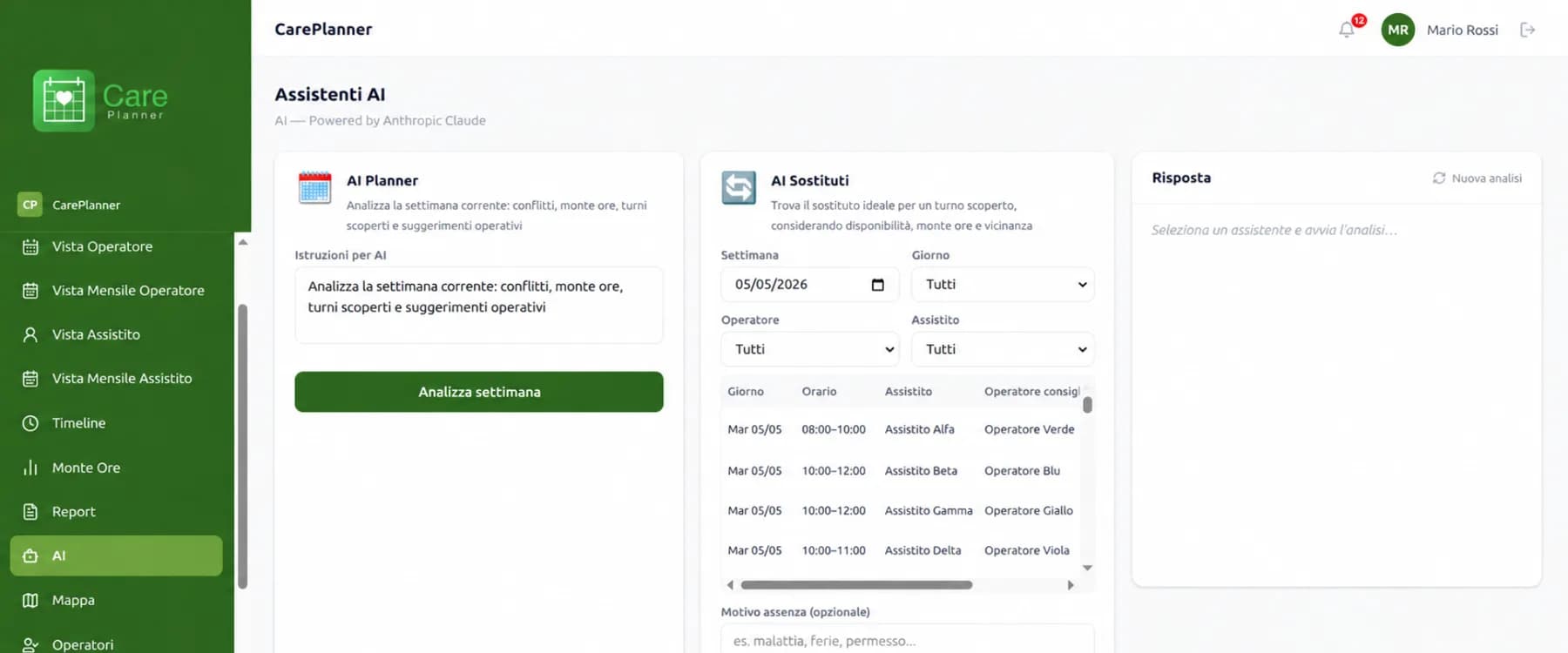Assistenti AI di CarePlanner: pianificazione e sostituzioni dei turni