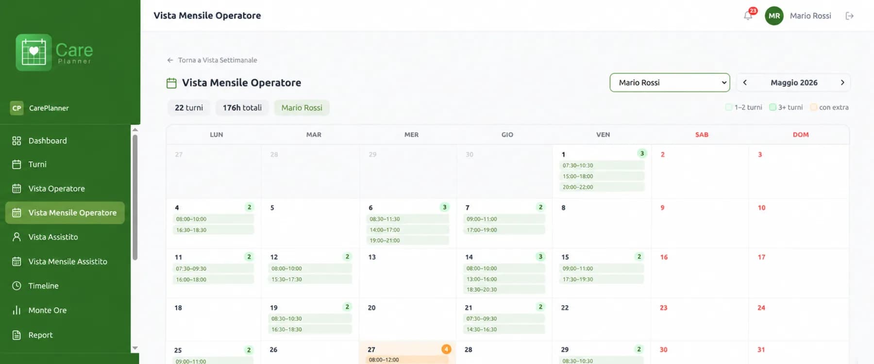 Vista mensile dei turni di un operatore in CarePlanner